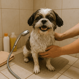 Cão calmo no banho