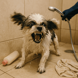 Cão estressado no banho